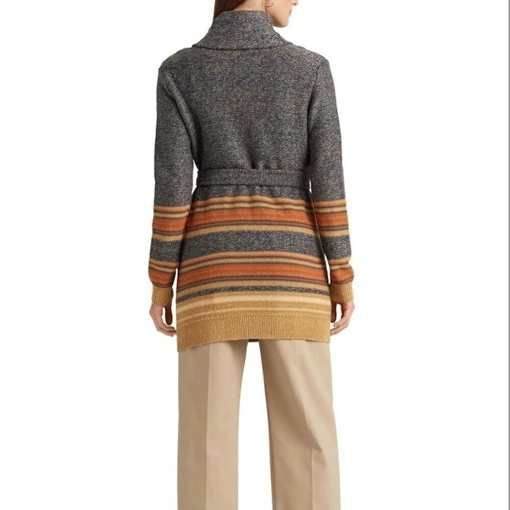 Lauren Ralph Lauren Striped Belted Cotton Blend Cardigan Southwestern Boho - Picture 3 of 13